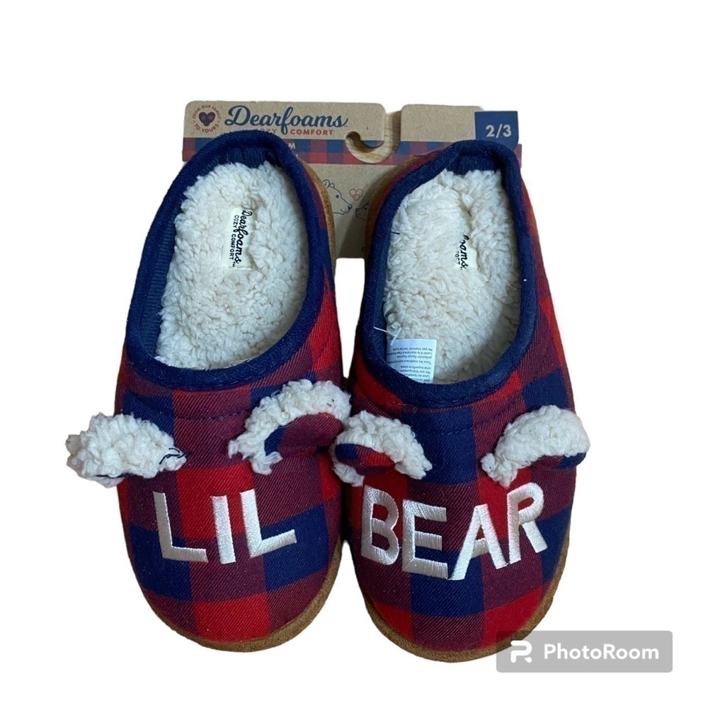 Dearfoams Lil Bear Plaid Slippers NEW 2/3 Red Blue Kids Youth Matching Family